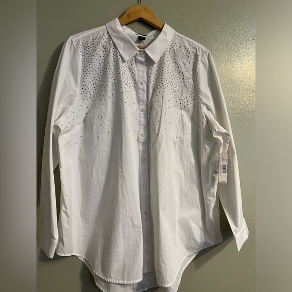 ND New Directions Curvy 100% Cotton White Sequined Button Up Shirt Blouse Sz 2X - Picture 1 of 10